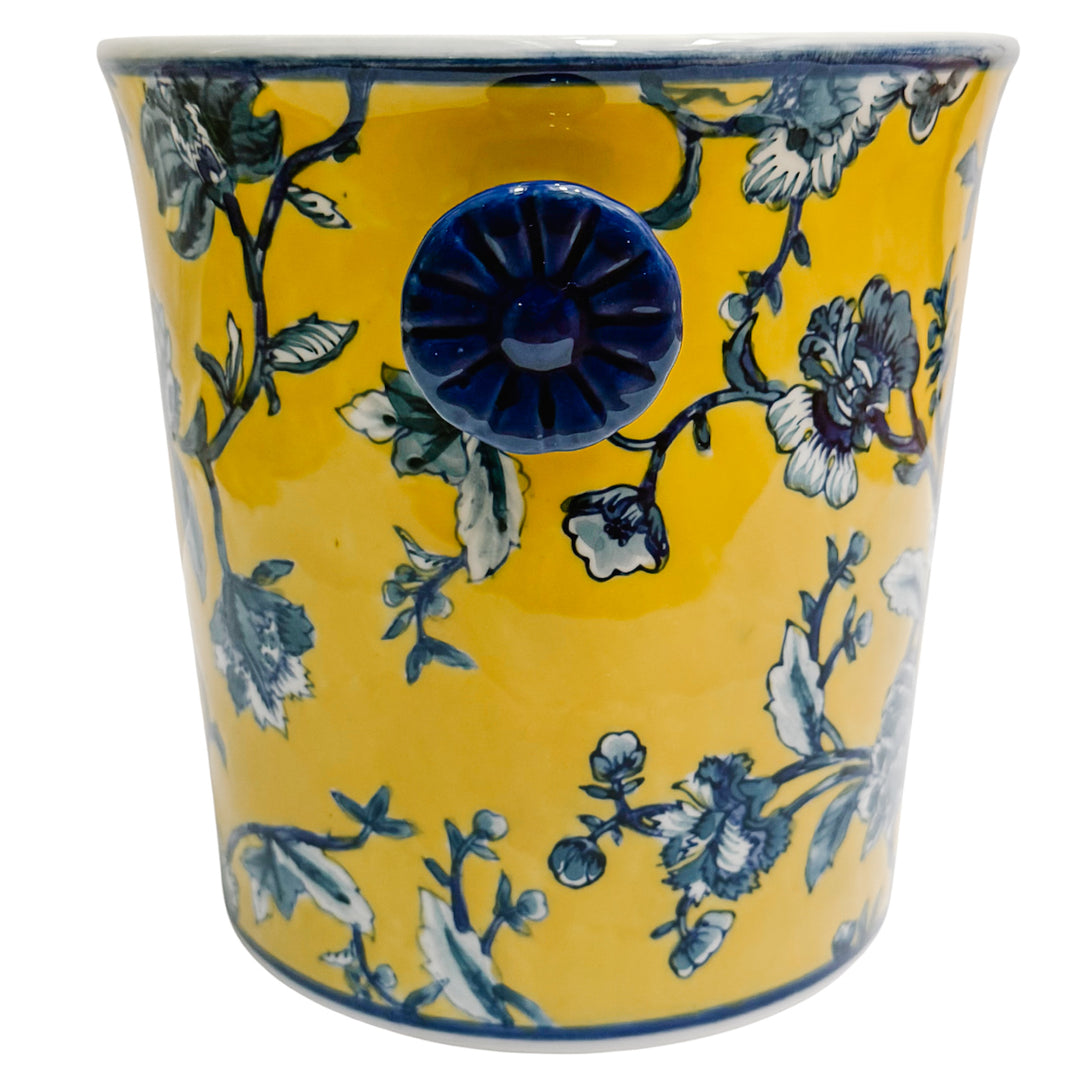 Chinoiserie Blue & Yellow Floral Porcelain Ice Bucket With Handles