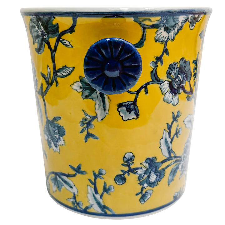 Chinoiserie Blue & Yellow Floral Porcelain Ice Bucket With Handles