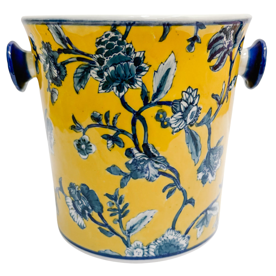 Chinoiserie Blue & Yellow Floral Porcelain Ice Bucket With Handles