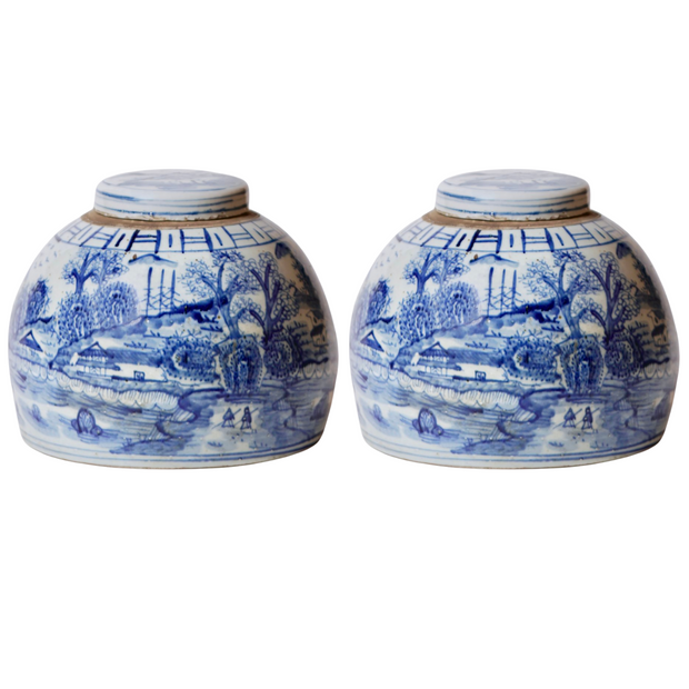 Chinese Blue & White Landscape Scenery Lidded Jar