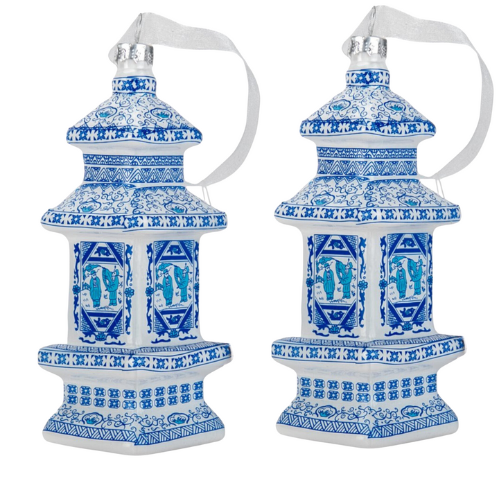 Chinoiserie Blue & White Pagoda Glass Ornament