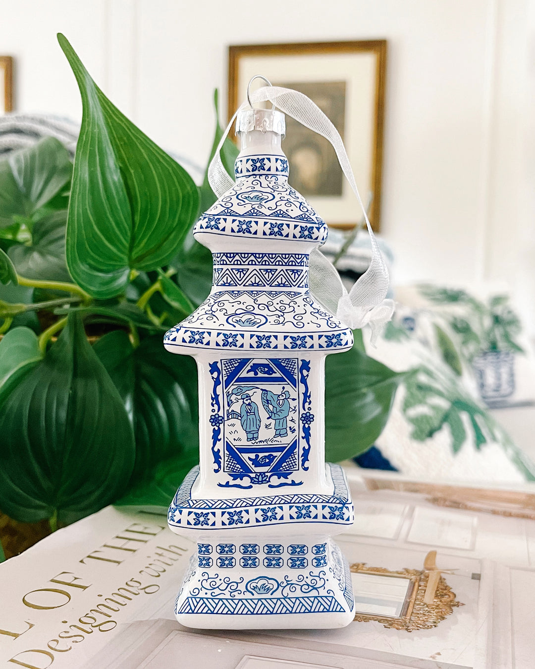 Chinoiserie Blue & White Pagoda Glass Ornament