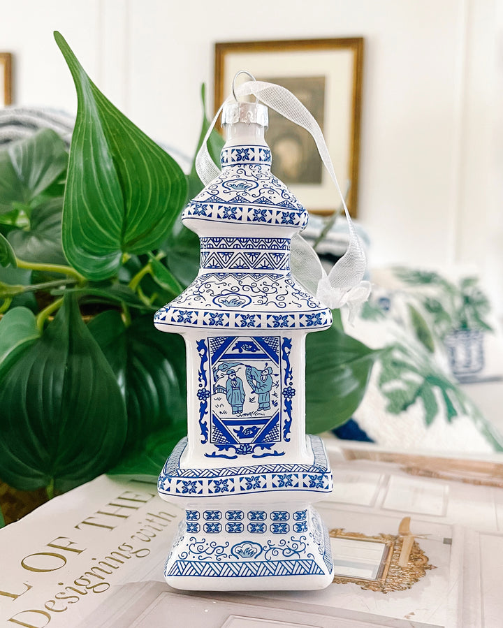 Chinoiserie Blue & White Pagoda Glass Ornament