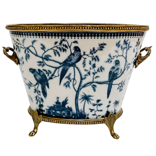 Blue & White Chinoiserie Bird Porcelain Planter With Bronze Ormolu