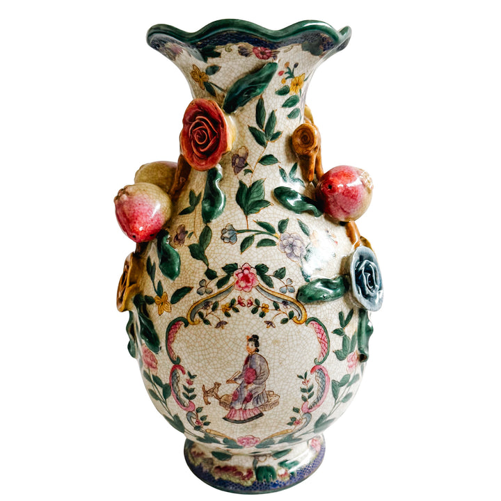 Chinoiserie Floral Vase With Pomegranate Handles For Lamp Wiring