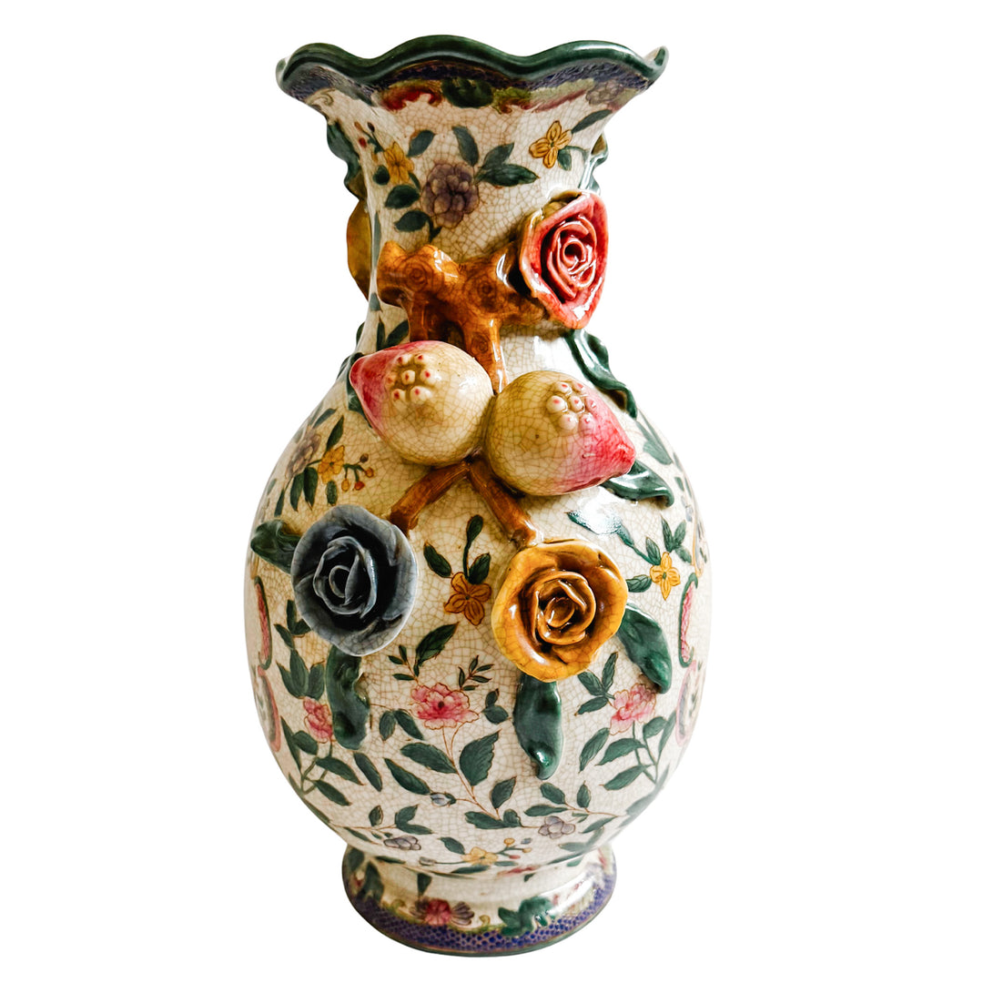 Chinoiserie Floral Vase With Pomegranate Handles For Lamp Wiring