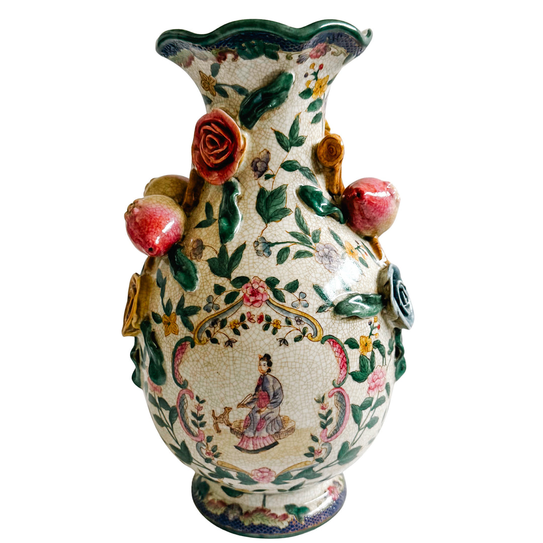 Chinoiserie Floral Vase With Pomegranate Handles For Lamp Wiring