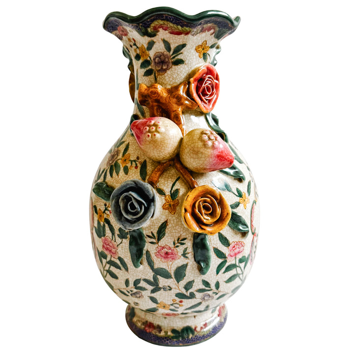 Chinoiserie Floral Vase With Pomegranate Handles For Lamp Wiring