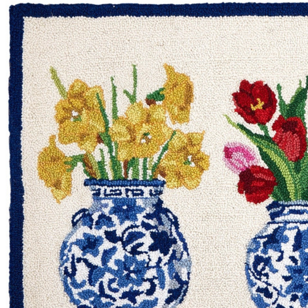 Chinoiserie Flowers Wool Hooked Rug