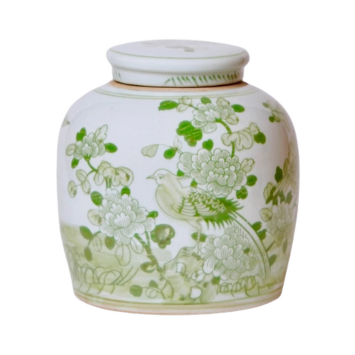 Chinoiserie Green & White Ginger Jar With Birds