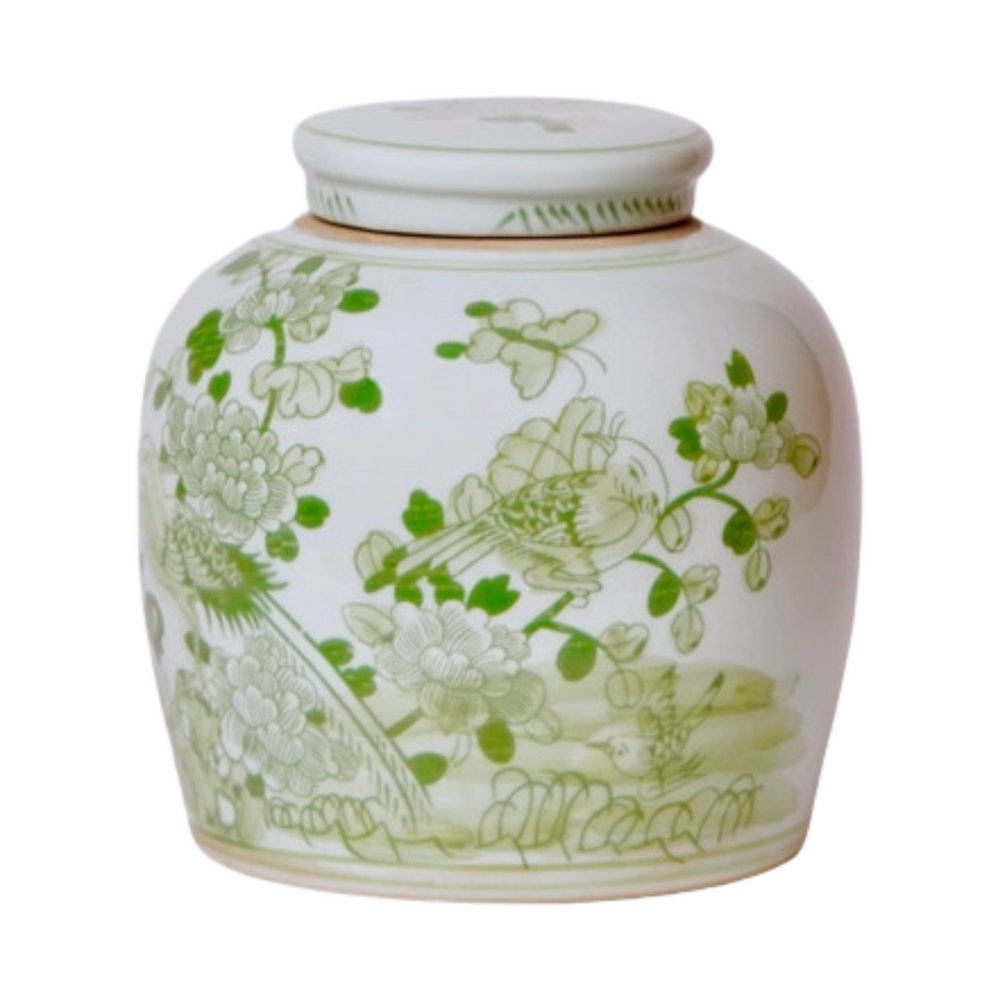 Chinoiserie Green & White Ginger Jar With Birds