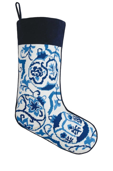 Chinoiserie Blue & White Embroidered Needlepoint Stocking