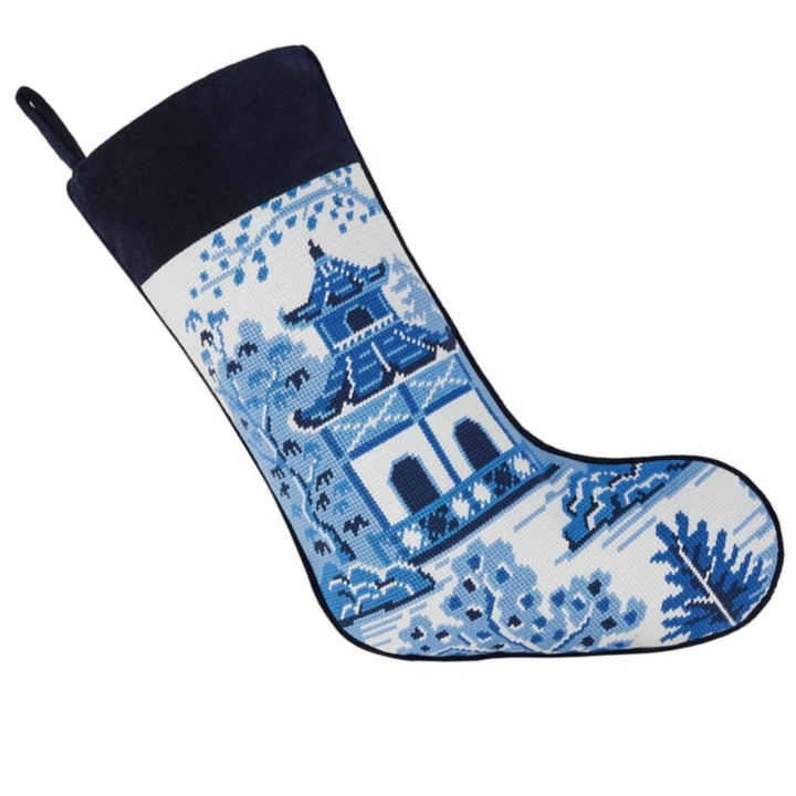 Chinoiserie Pagoda Embroidered Needlepoint Stocking