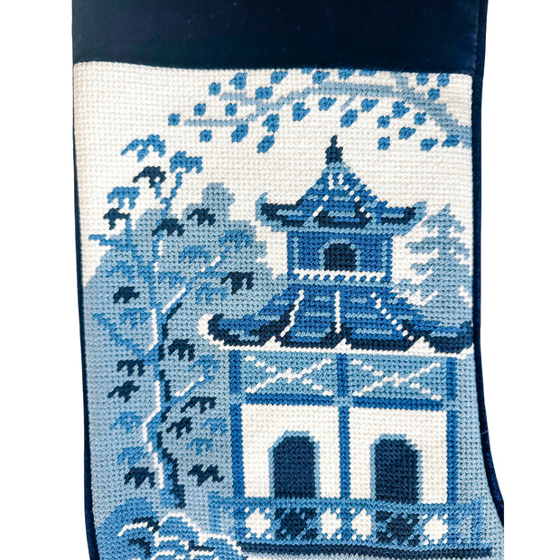 Chinoiserie Pagoda Embroidered Needlepoint Stocking