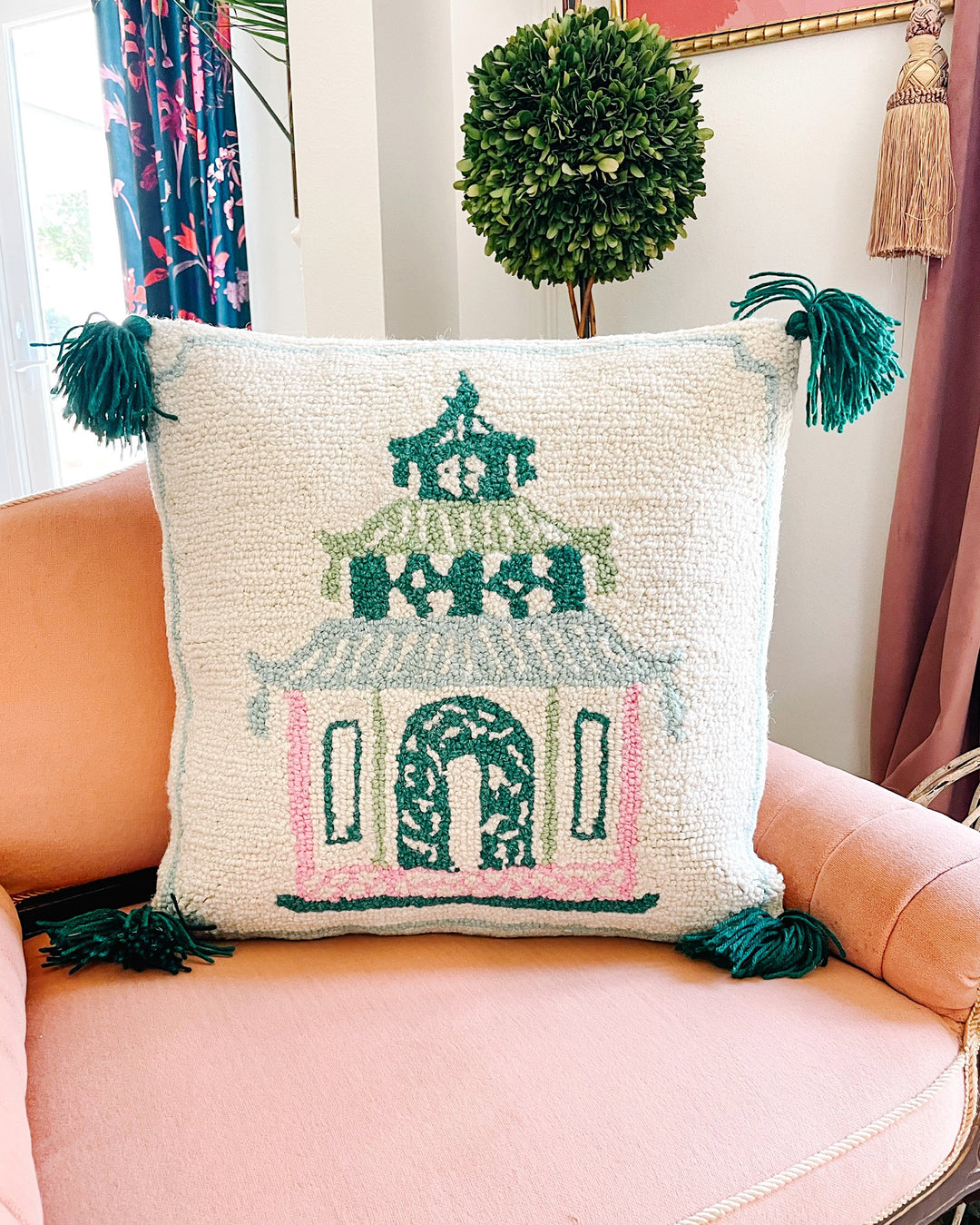 Chinoiserie Pagoda Pink & Green Tassels Wool Hook Pillow