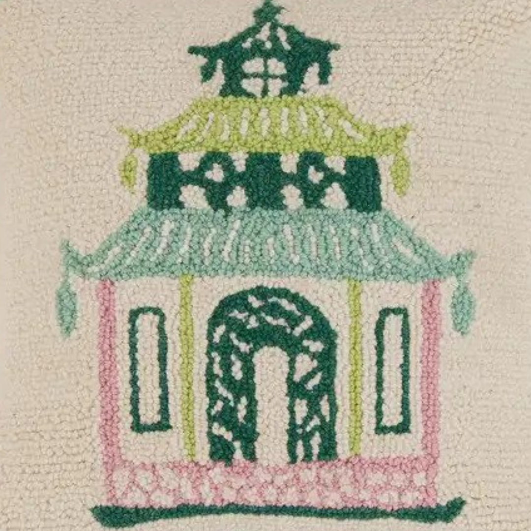 Chinoiserie Pagoda Pink & Green Tassels Wool Hook Pillow