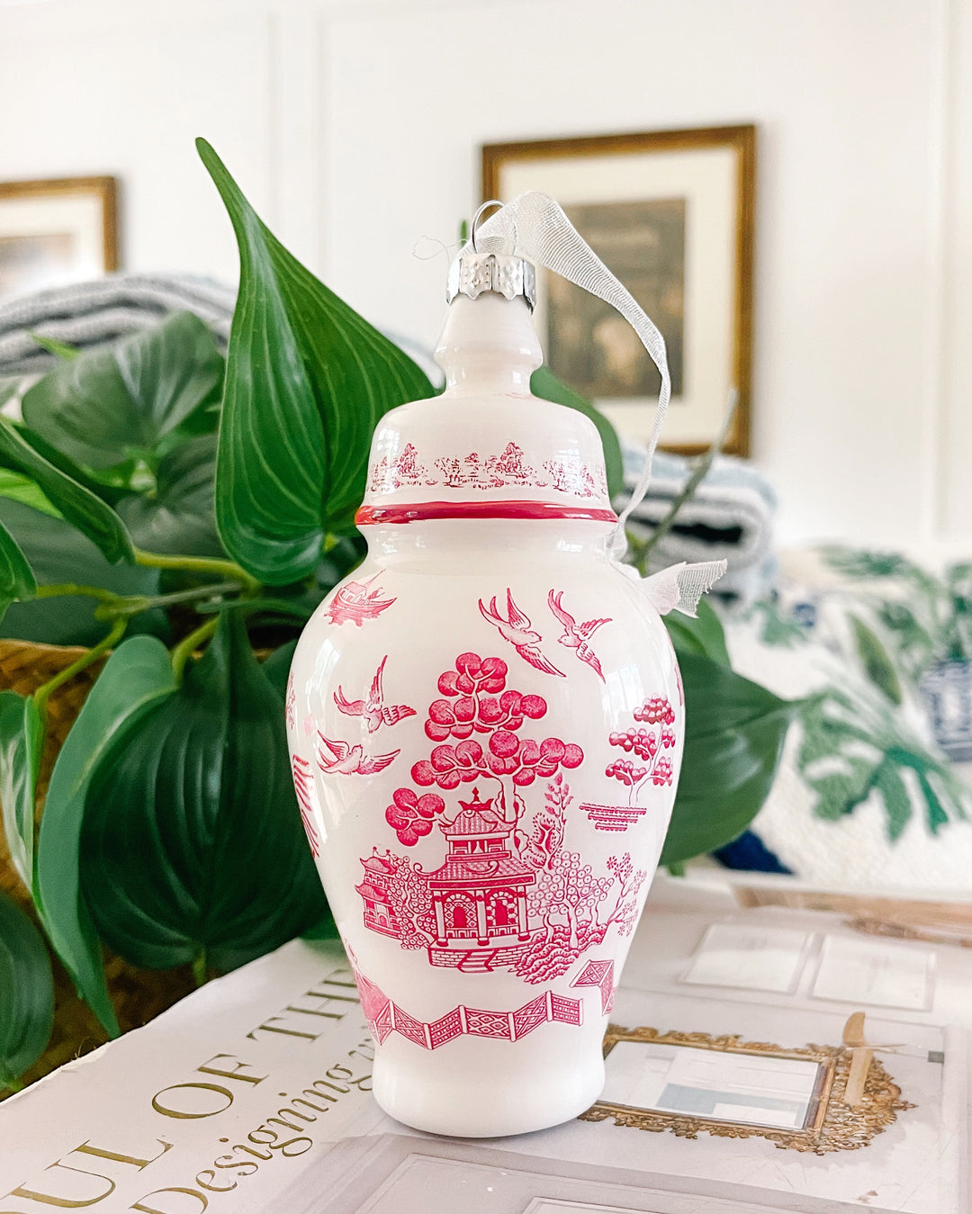 Chinoiserie Pink Willow Glass Ornament