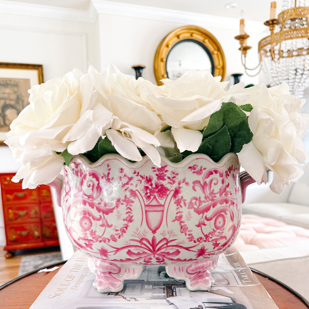 Chinoiserie Pink & White Footed Scalloped Cachepot