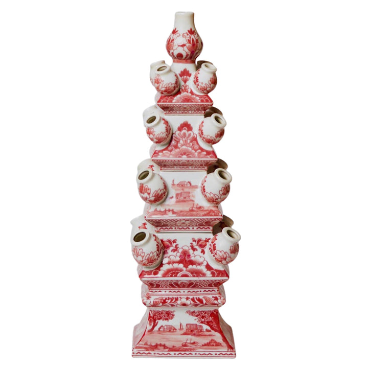 Chinoiserie Red & White 4 Tier Delft Style Tulipiere Vase