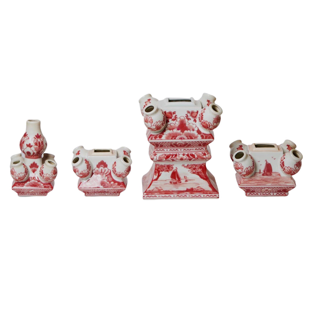 Chinoiserie Red & White 4 Tier Delft Style Tulipiere Vase