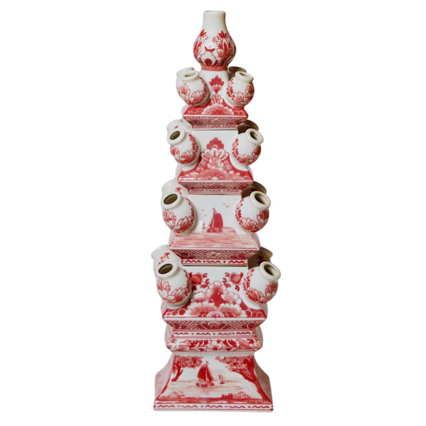 Chinoiserie Red & White 4 Tier Delft Style Tulipiere Vase