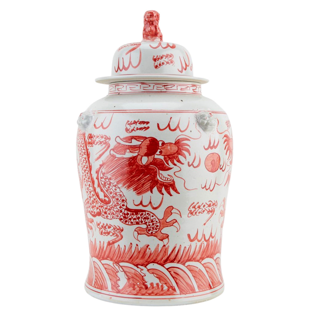 Chinoiserie Red & White Dragon Temple Jar