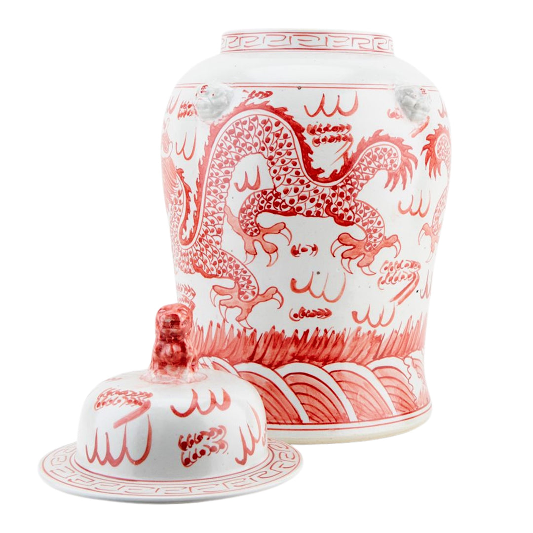 Chinoiserie Red & White Dragon Temple Jar