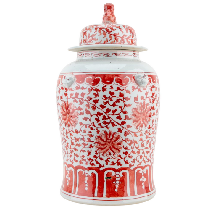 Large 18" Chinese Red & White Floral Temple Jar