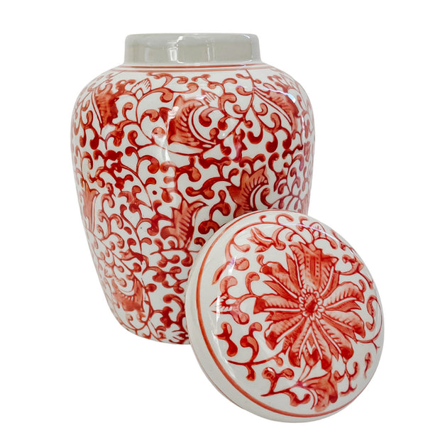 Coral Red & White Twisted Peony Ginger Jar