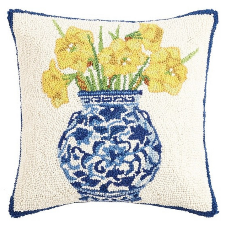 Chinoiserie Vase Yellow Daffodils Wool Hook Pillow