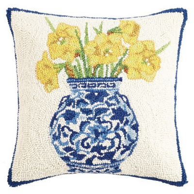 Chinoiserie Vase Yellow Daffodils Wool Hook Pillow