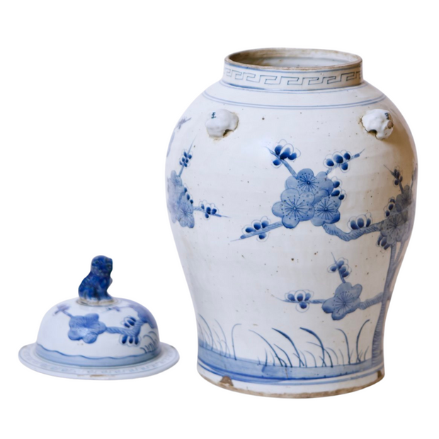 20" Chinoiserie Blue & White Cherry Blossom Temple Jar