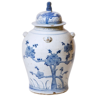 20" Chinoiserie Blue & White Cherry Blossom Temple Jar