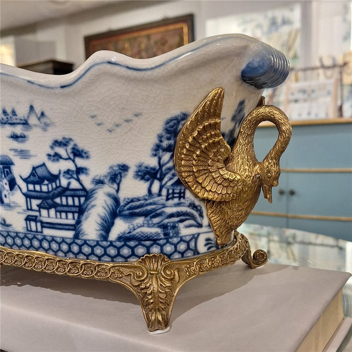Blue & White Oblong Planter With Swan Bronze Ormolu (4)