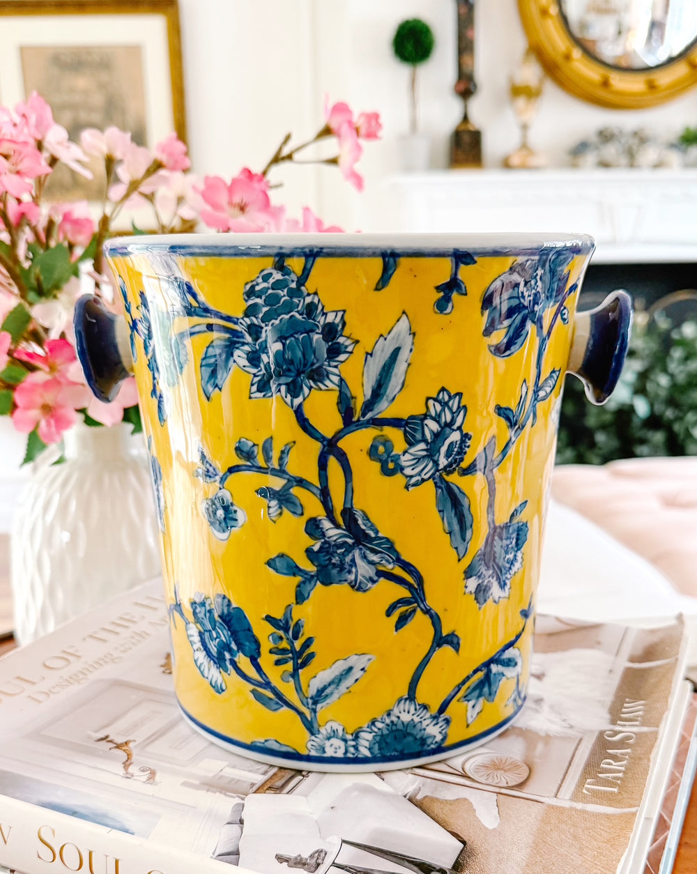 Chinoiserie Blue & Yellow Floral Porcelain Ice Bucket With Handles
