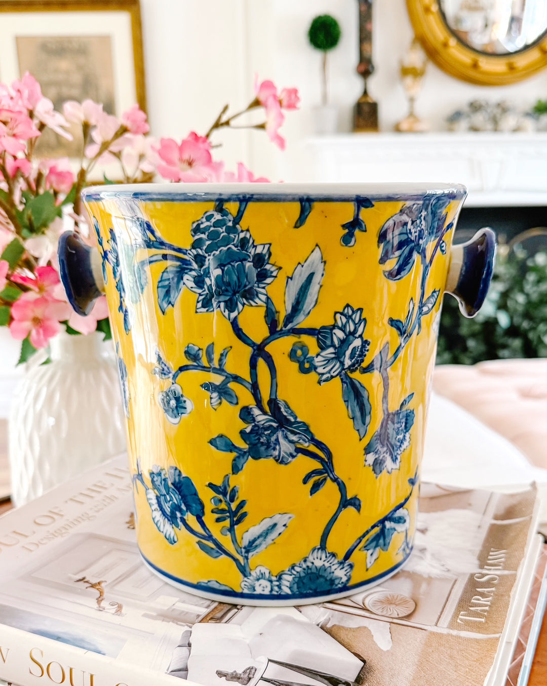 Chinoiserie Blue & Yellow Floral Porcelain Ice Bucket With Handles