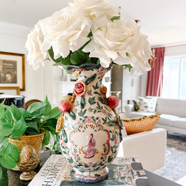 Chinoiserie Floral Vase With Pomegranate Handles For Lamp Wiring