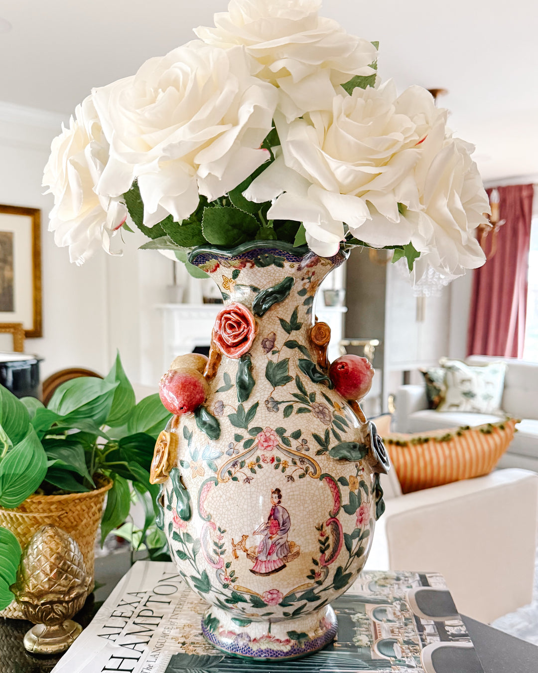 Chinoiserie Floral Vase With Pomegranate Handles For Lamp Wiring
