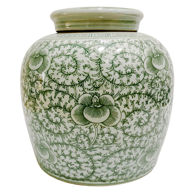 Chinoiserie Green White Twisted Peony Ginger Jar