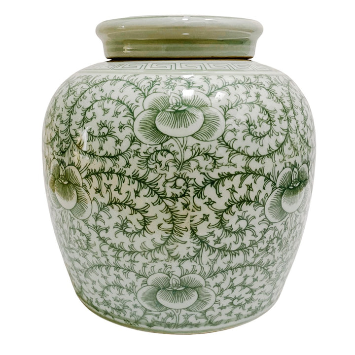 Chinoiserie Green White Twisted Peony Ginger Jar