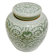 Chinoiserie Green White Twisted Peony Ginger Jar