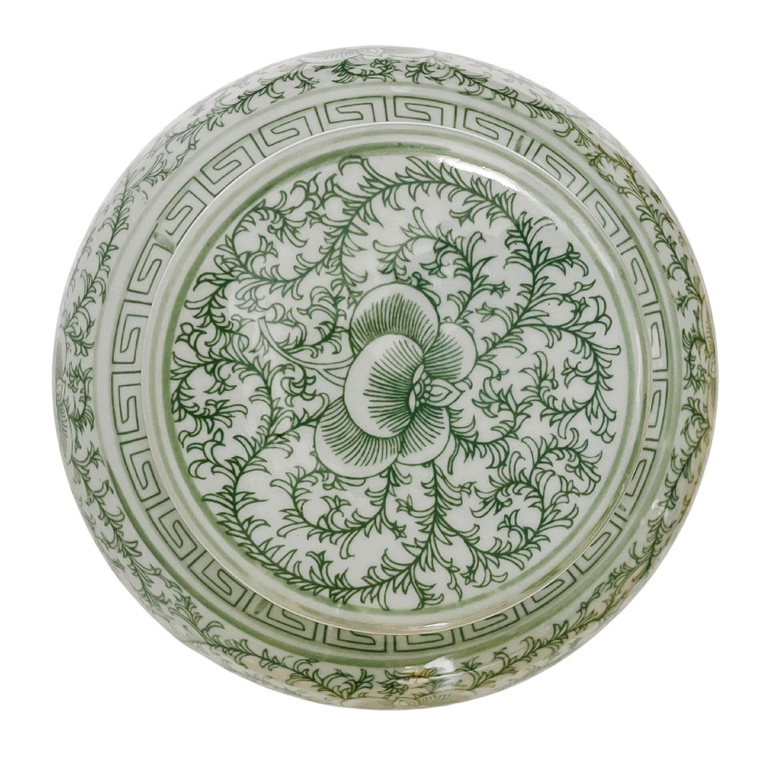 Chinoiserie Green White Twisted Peony Ginger Jar
