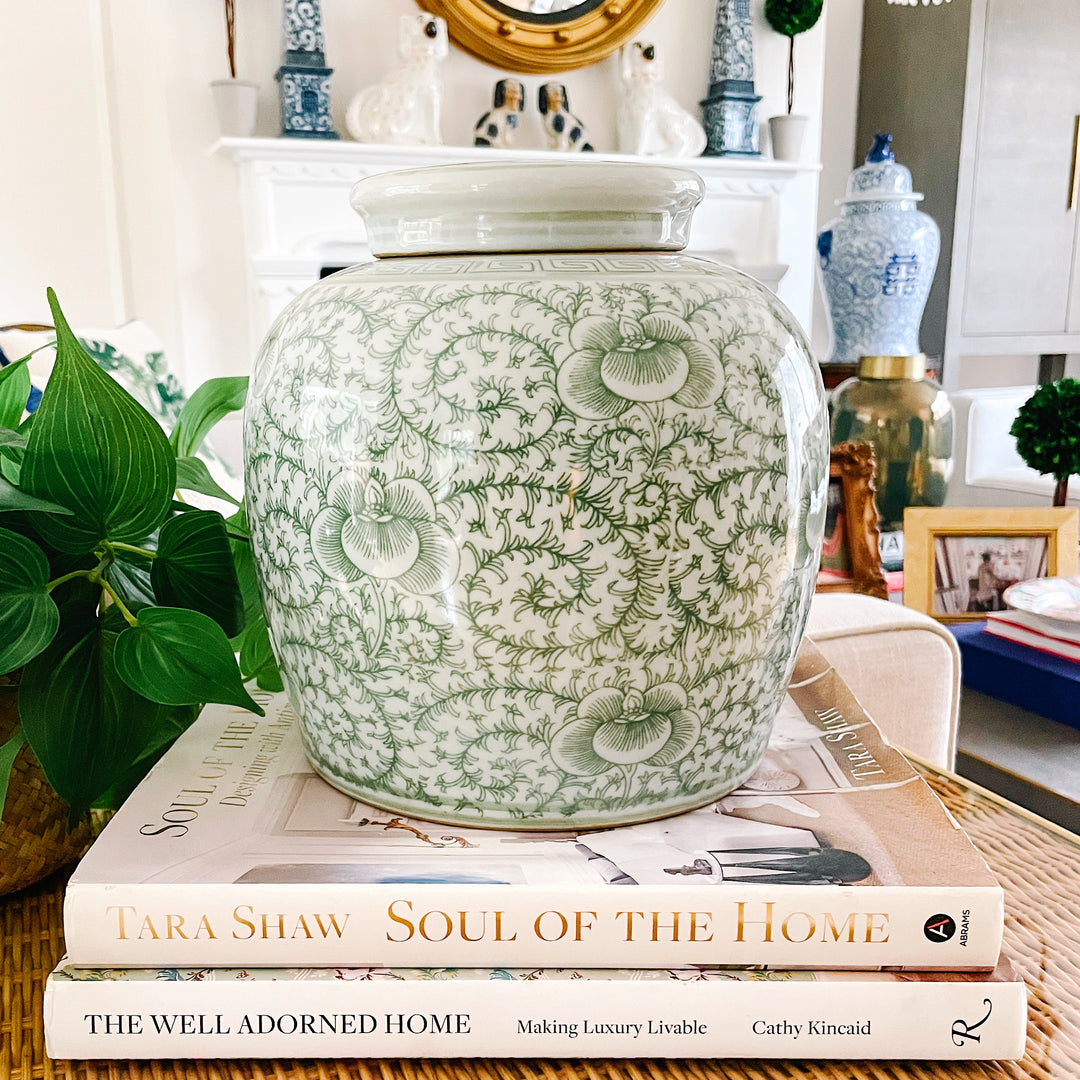 Chinoiserie Green White Twisted Peony Ginger Jar