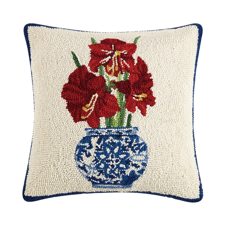 Christmas Amaryllis Wool Hooked Pillow 16 x 16