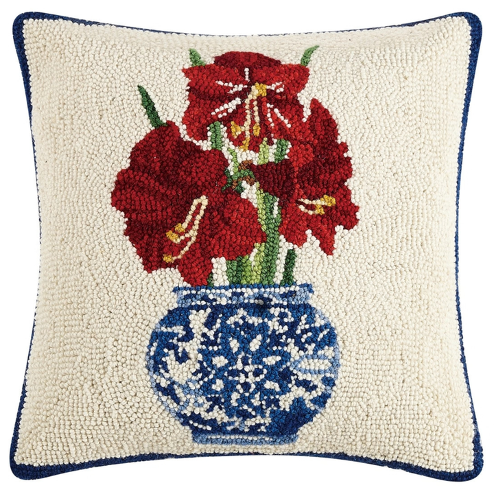 Christmas Amaryllis Wool Hooked Pillow