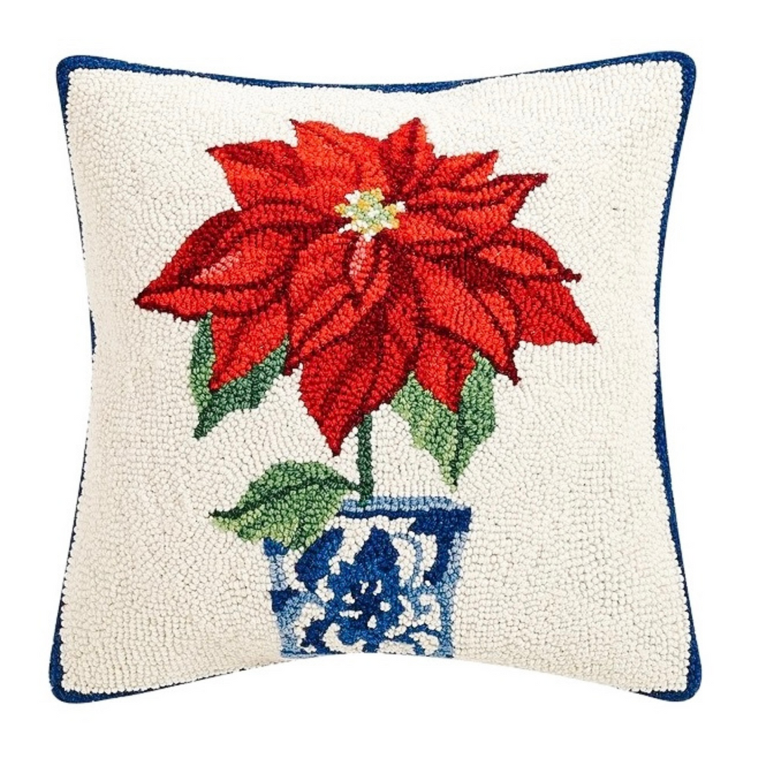 Gorgeous 16" Poinsettia Wool Hooked Pillow