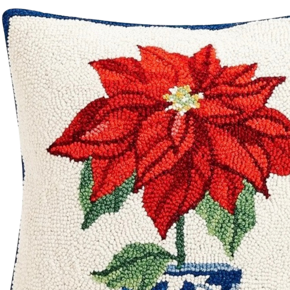 Christmas Poinsettia Wool Hooked Pillow