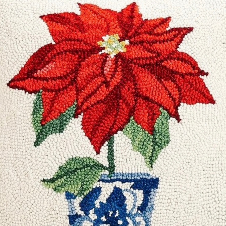 Christmas Poinsettia Wool Hooked Pillow