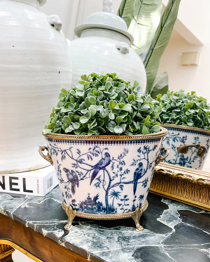 Blue & White Chinoiserie Bird Porcelain Planter With Bronze Ormolu