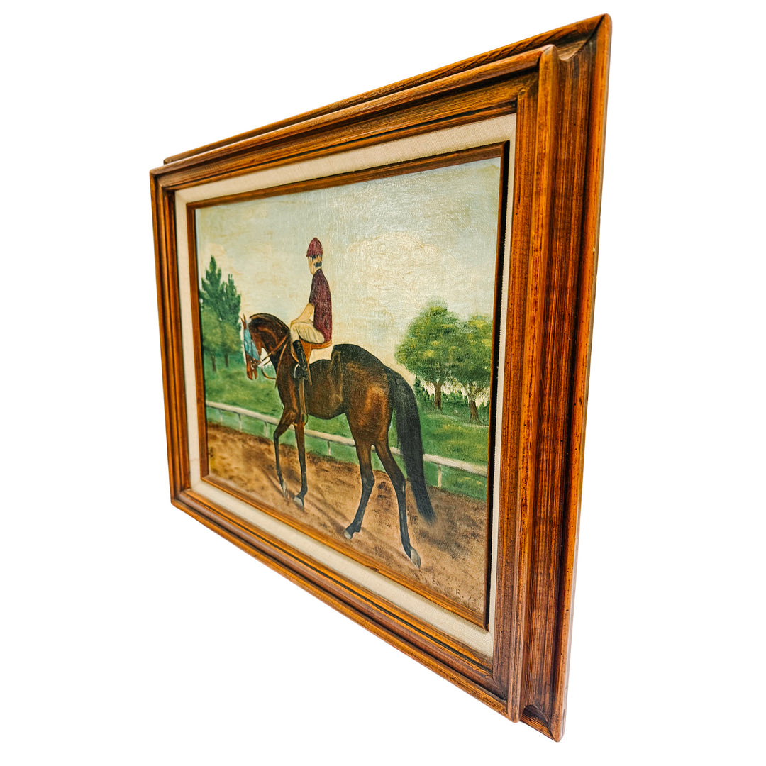 Vintage 1973 Signed Equestrian Oil Painting – "Thoroughbred Workout" by Bonnie Roseberry